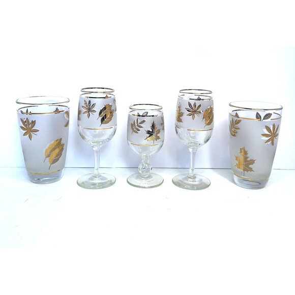 Vintage Libbey Golden Foliage Frosted Glassware – Set of 5 – 1950s Mid-Century B - Picture 5 of 16